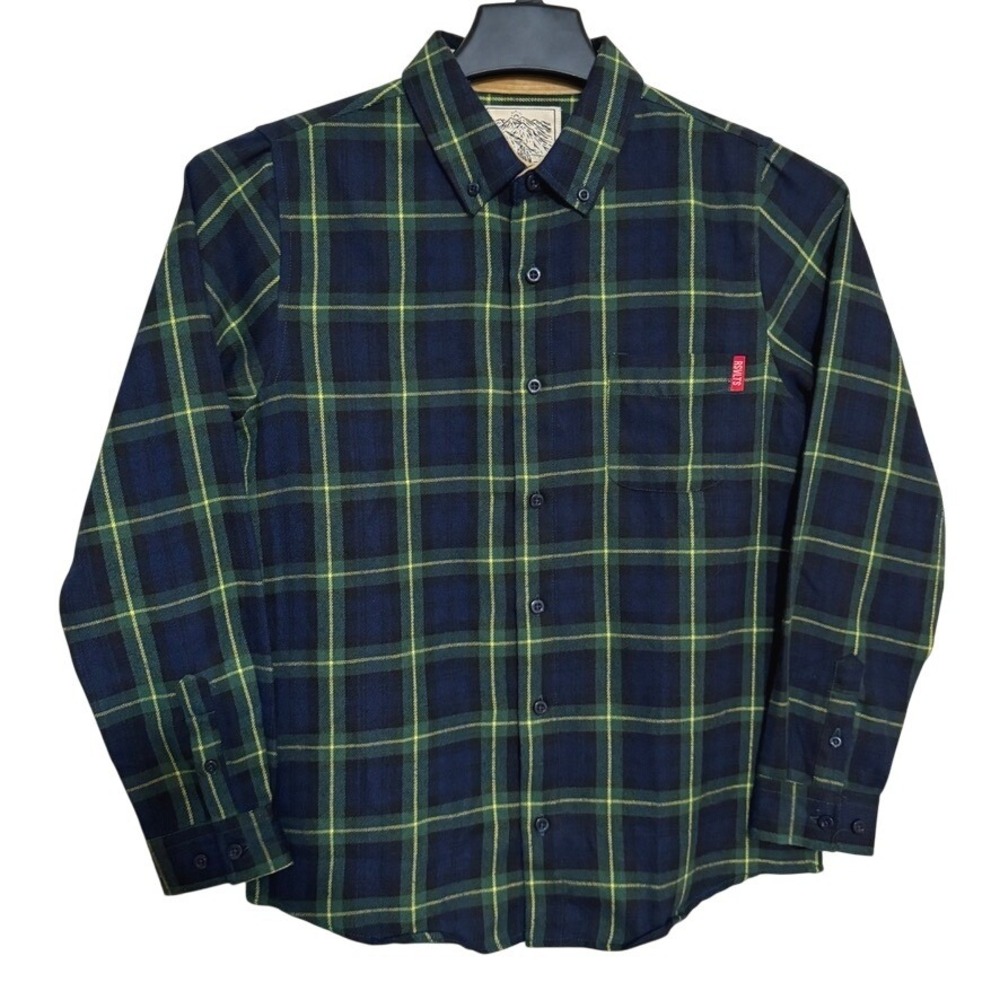 RSVLTS Youth Boys Flannel Button Down Shirt Large Plaid Green Blue Western NICE